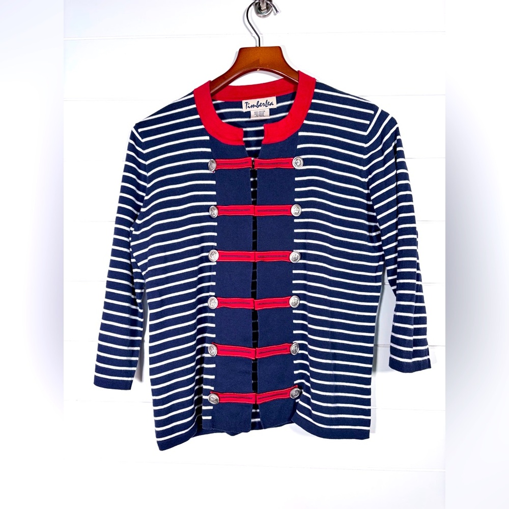 Timberlea Navy and Red Striped Sailing Cardigan with anchor buttons Medium
